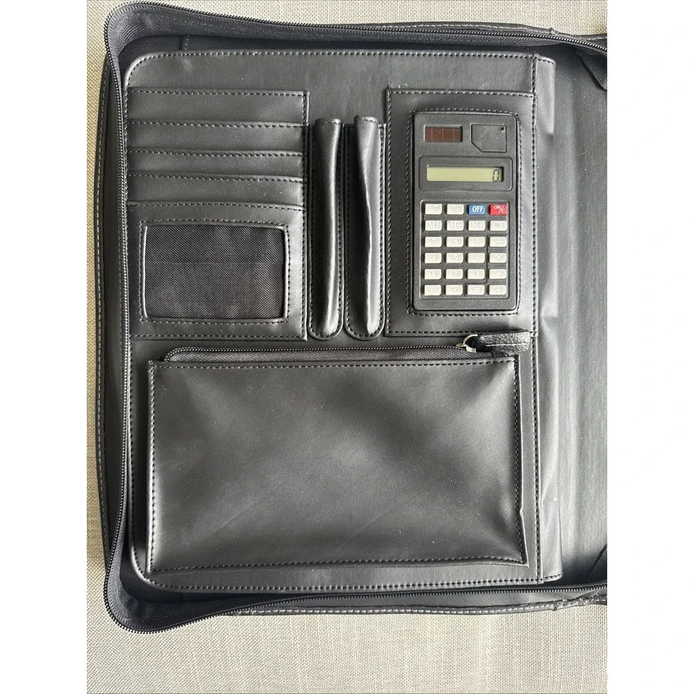 Franklin Covey Black Planner 3 Ring Binder Organizer Handles Leather Calculator